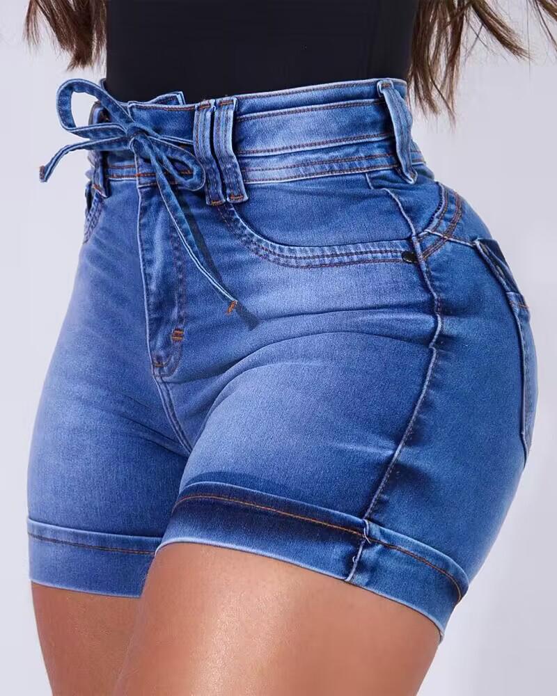 

High Waist Tied Detail Denim Shorts, Blue
