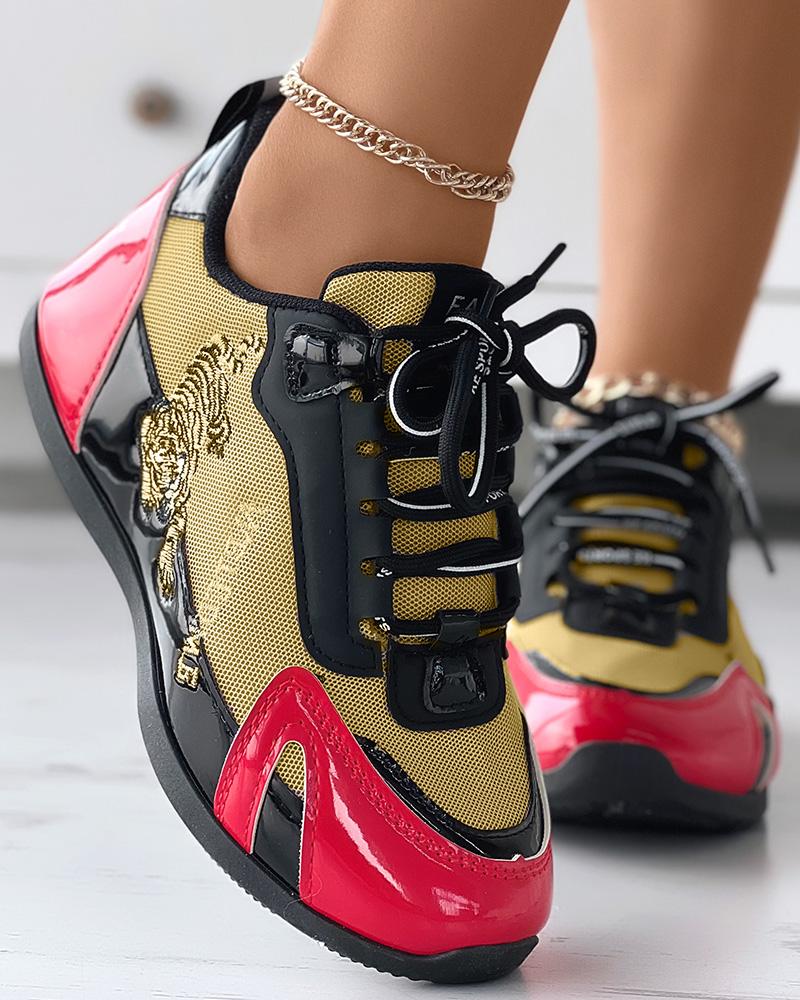 

Tiger Embroidery Colorblock Lace-up Sneakers, Red