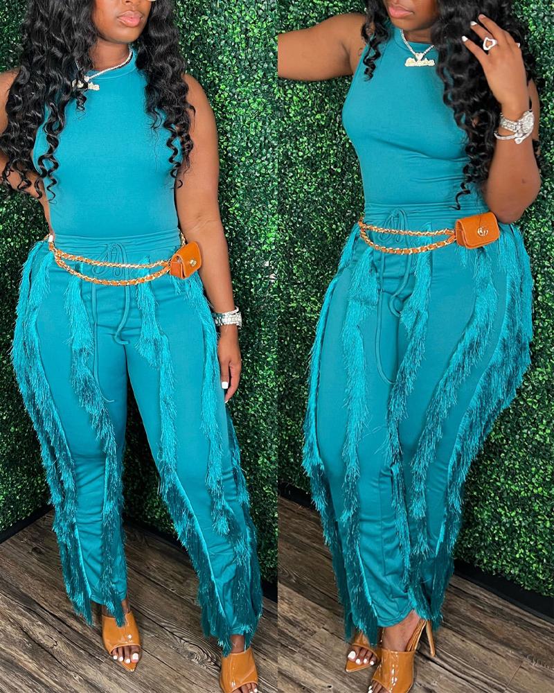 

Casual Tank Top & Tassel Decor Drawstring Pants Set, Lighted blue