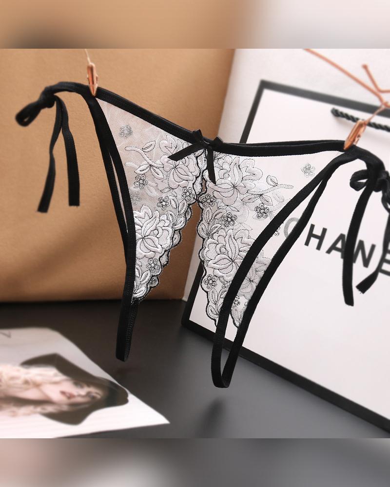 

Sexy See-through Splicing Floral Embroidery Thong Panties, White