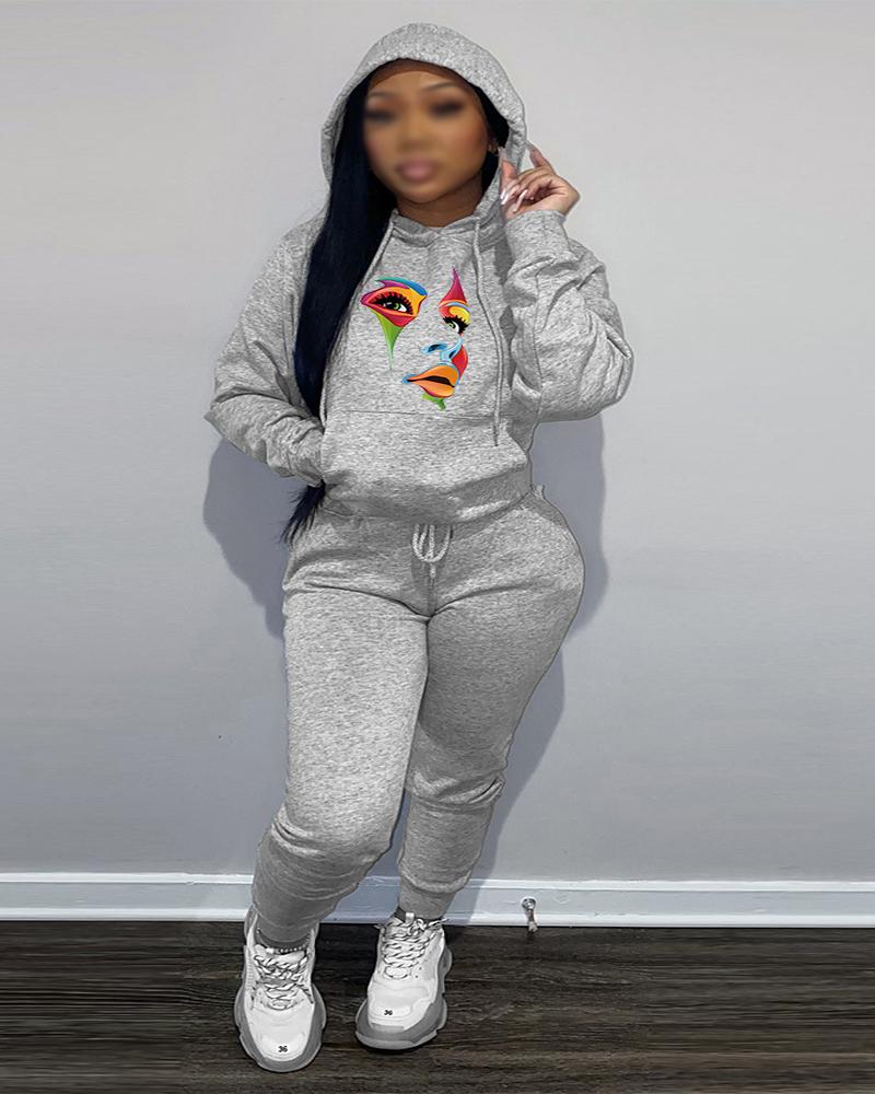 

Plus Size Figure Print Long Sleeve Hoodie & Pants Set, Gray