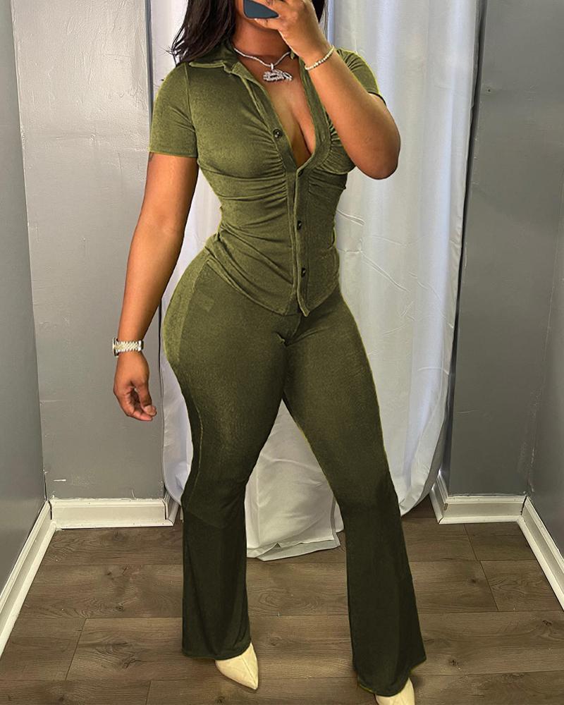 

Velvet Ruched Button Down Shirt & Pants Set, Green
