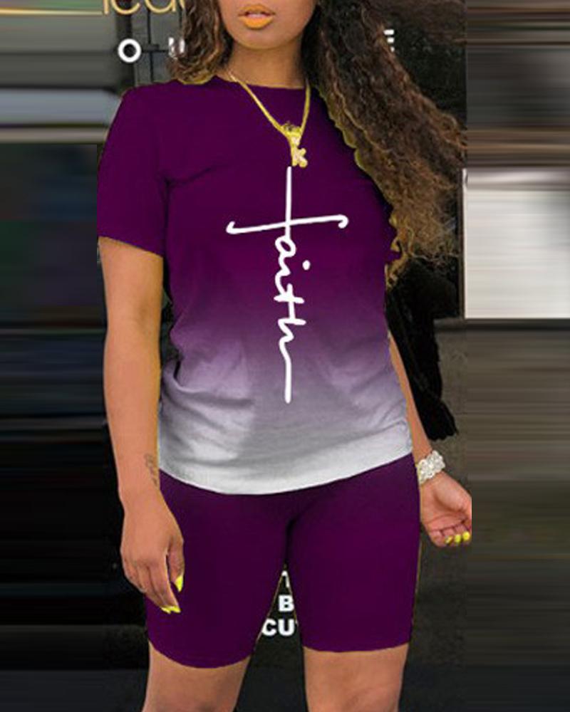 

Plus Size Letter Print Ombre Casual Top & Shorts Set, Purple