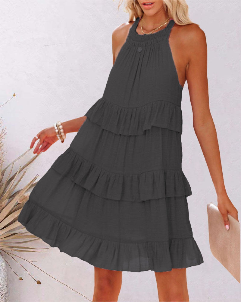 

Halter Layered Ruffle Hem Casual Swing Dress, Black