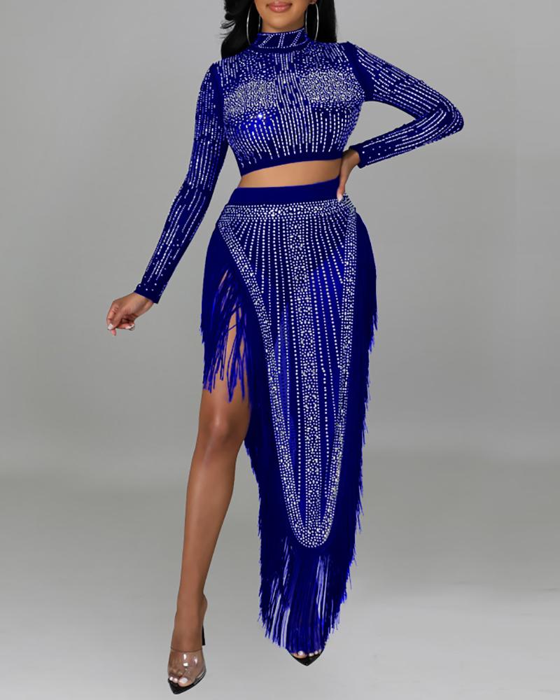 

Rhinestone Long Sleeve Top & Tassel Design Skirt Set, Blue