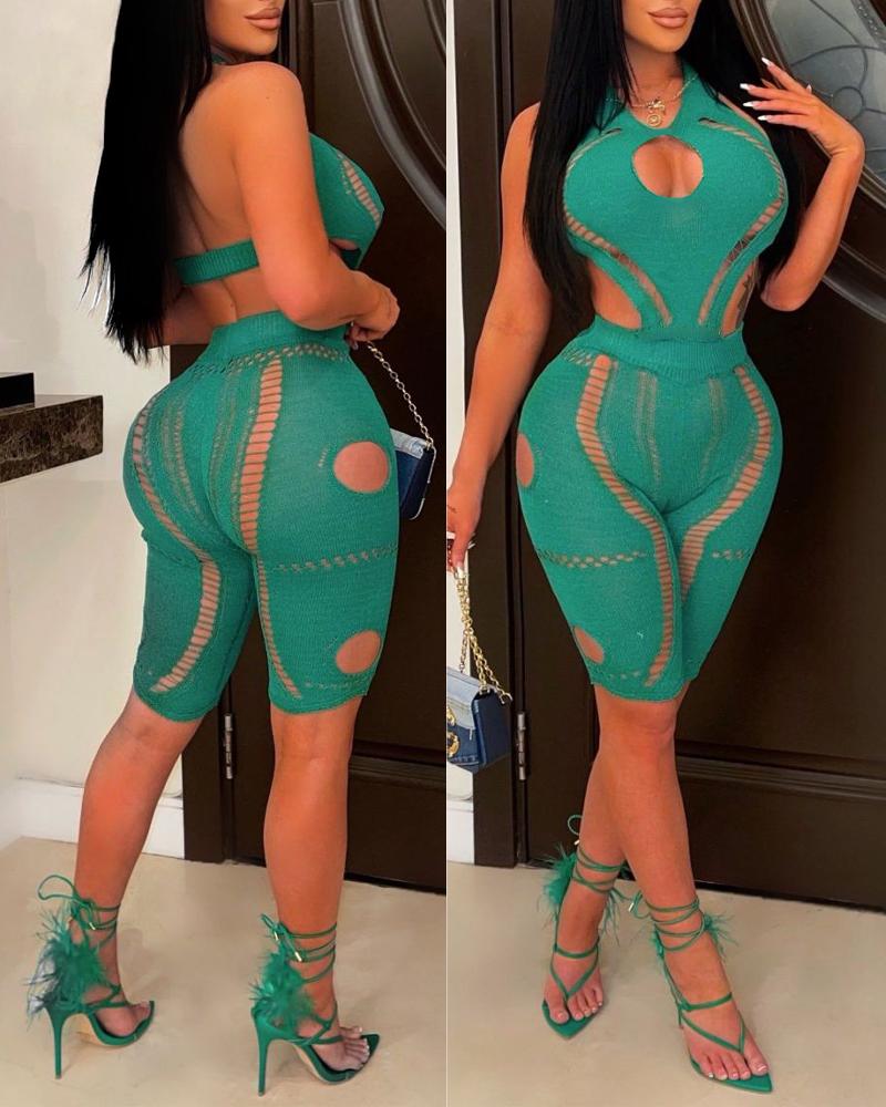 

Halter Backless Cutout Skinny Romper, Green