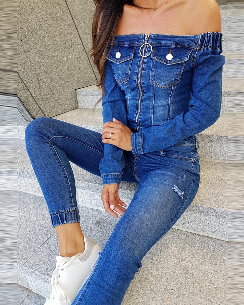 

Off Shoulder Ripped Pocket Desing Denim Jumpsuit, Blue