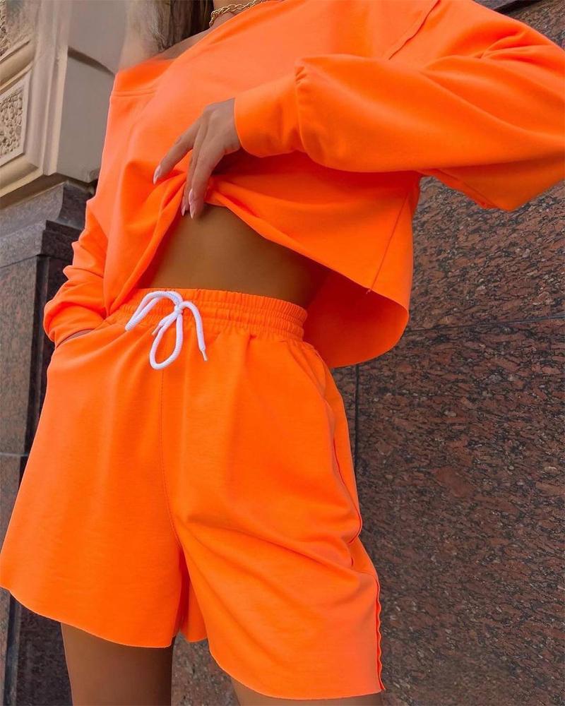 

Long Sleeve Crop Top & Drawstring Shorts Set, Orange
