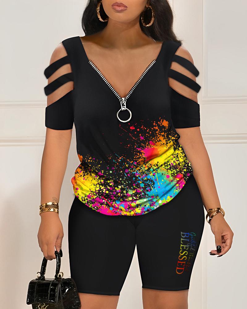 

Ink Splash Grateful Thankful Blessed Print Top & Shorts Set, Black