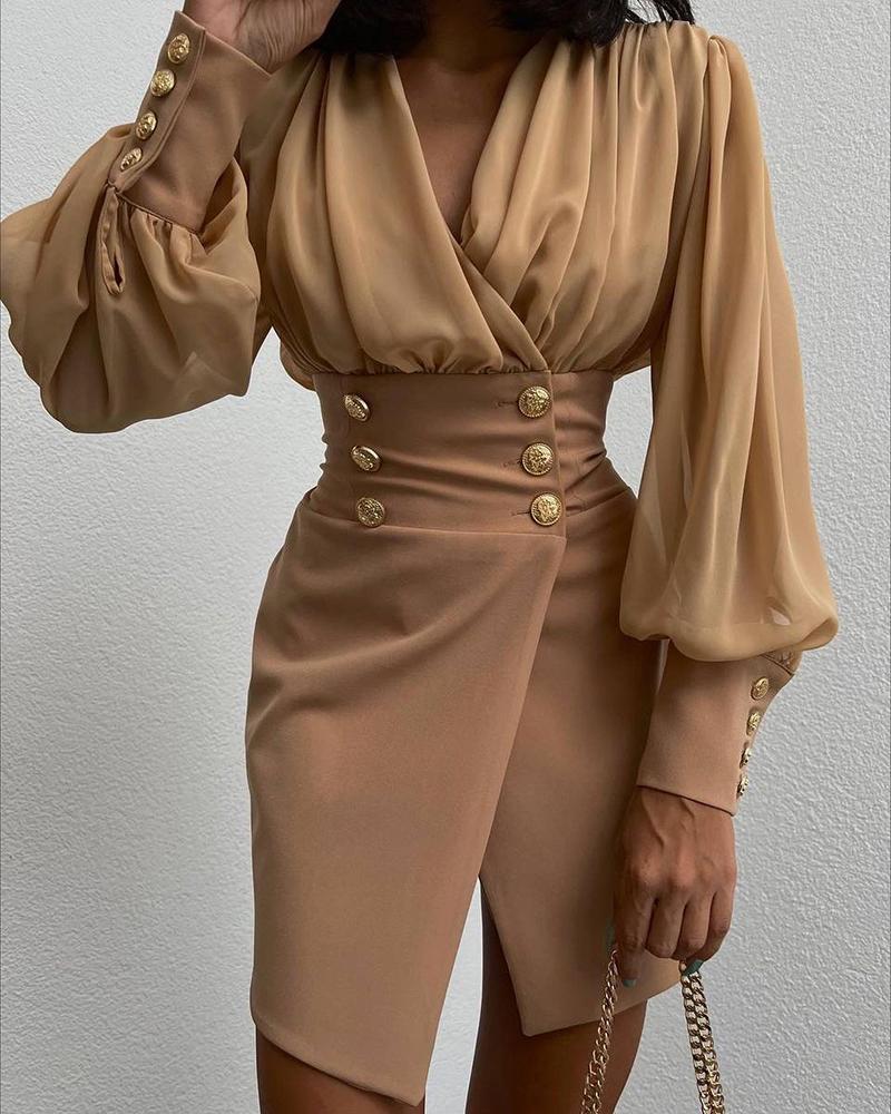 

Double Breasted Lantern Sleeve Slit Dress, Khaki