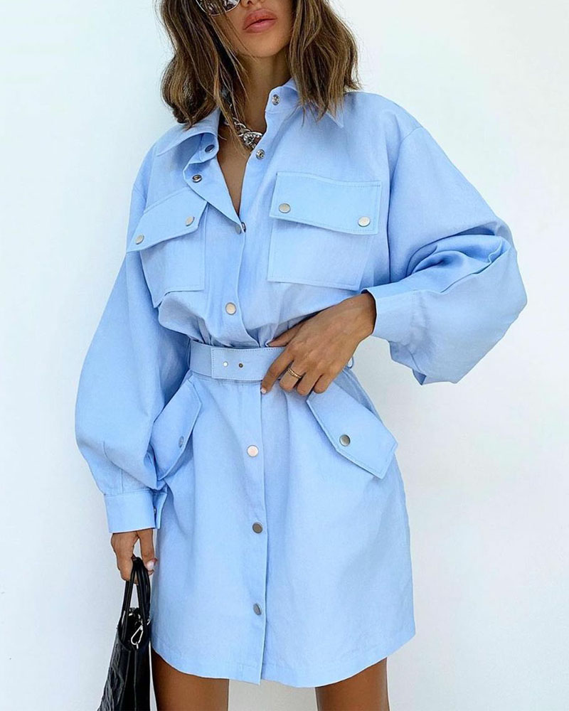 

Long Sleeve Flap Detail Button Up Shirt Dress, Blue