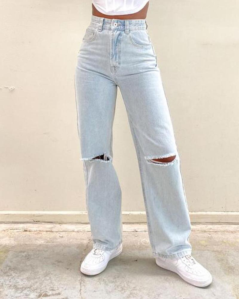 

Cutout Ripped High Waist Jeans, Blue