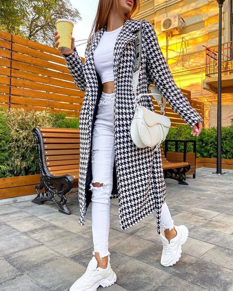 

Houndstooth Print Long Sleeve Coat With Belt, Black