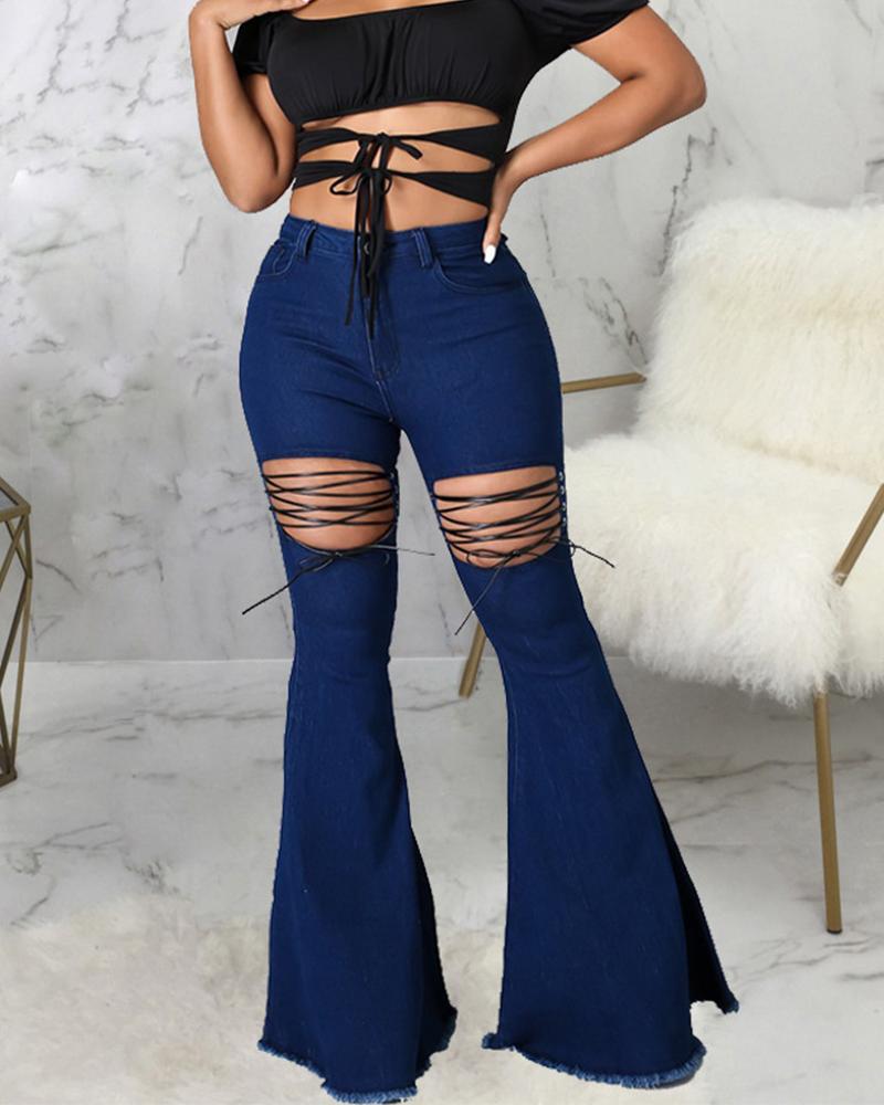 

Washed Grommet Eyelet Lace-Up Raw Hem Stretch Flare Leg Skinny Jeans, Dark blue