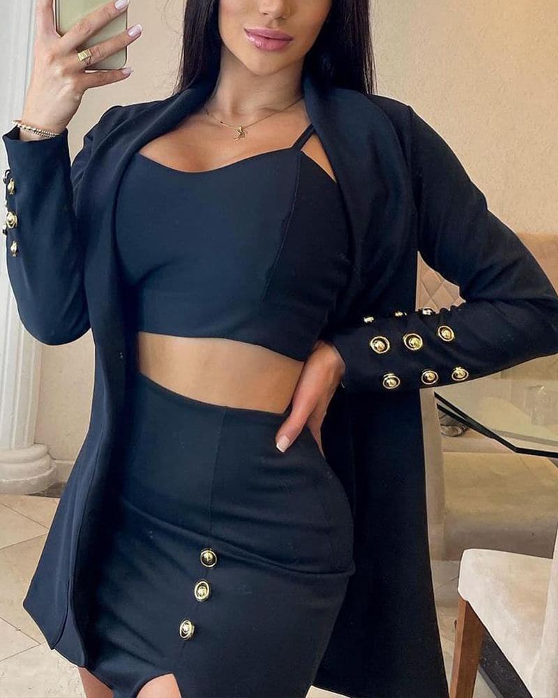 

Crop Cami Tee & Buttom Decor Long Sleeve Coat With Slit Skirt Set, Black