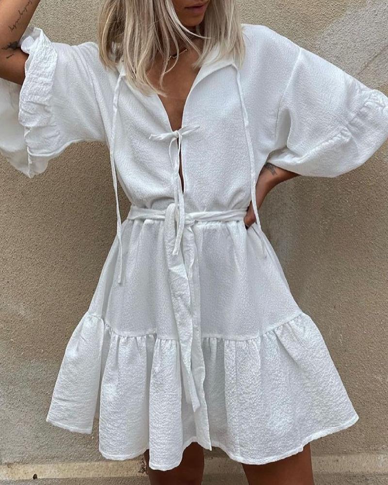 

Plain Lace Up Ruched Dress, White