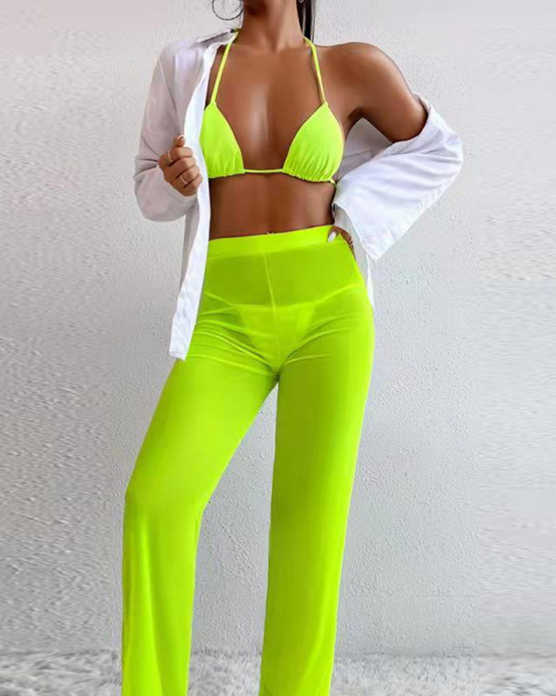 

3PCS Halter Bikini Set With Sheer Mesh Cover Up, Yellow