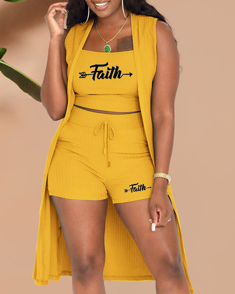 

3PCS Letter Print Ribbed Crop Top & Shorts Set With Cardigan, Yellow