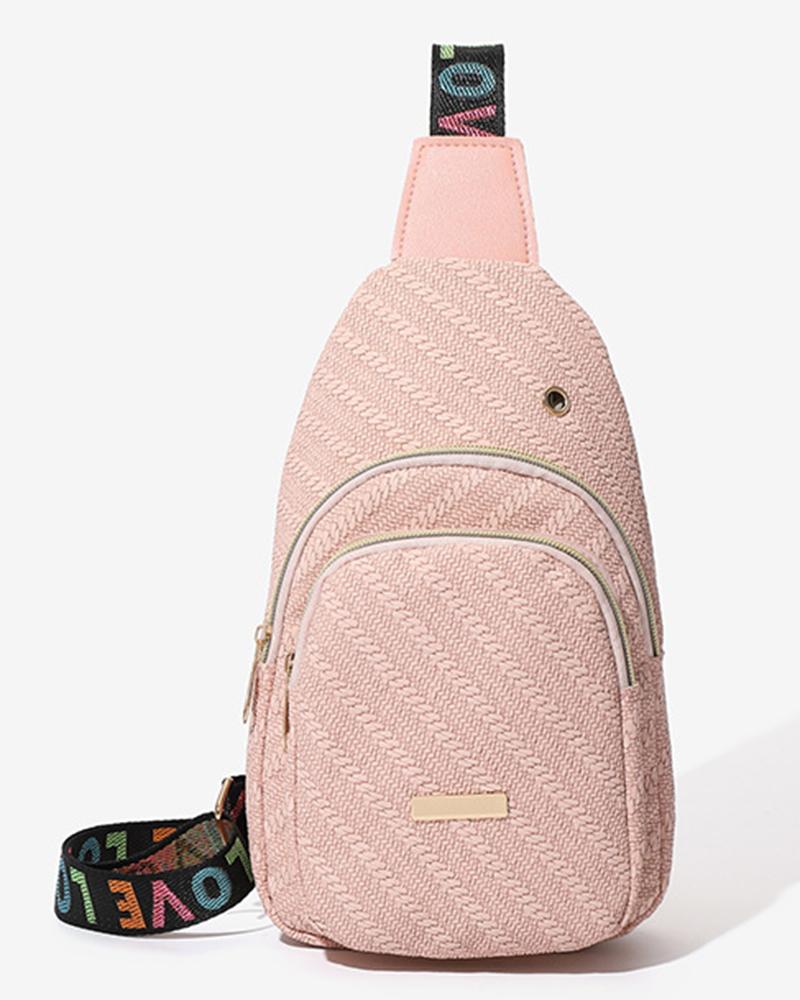 

Cable Textured Zipper Design Casual Crossbody Bag, Pink