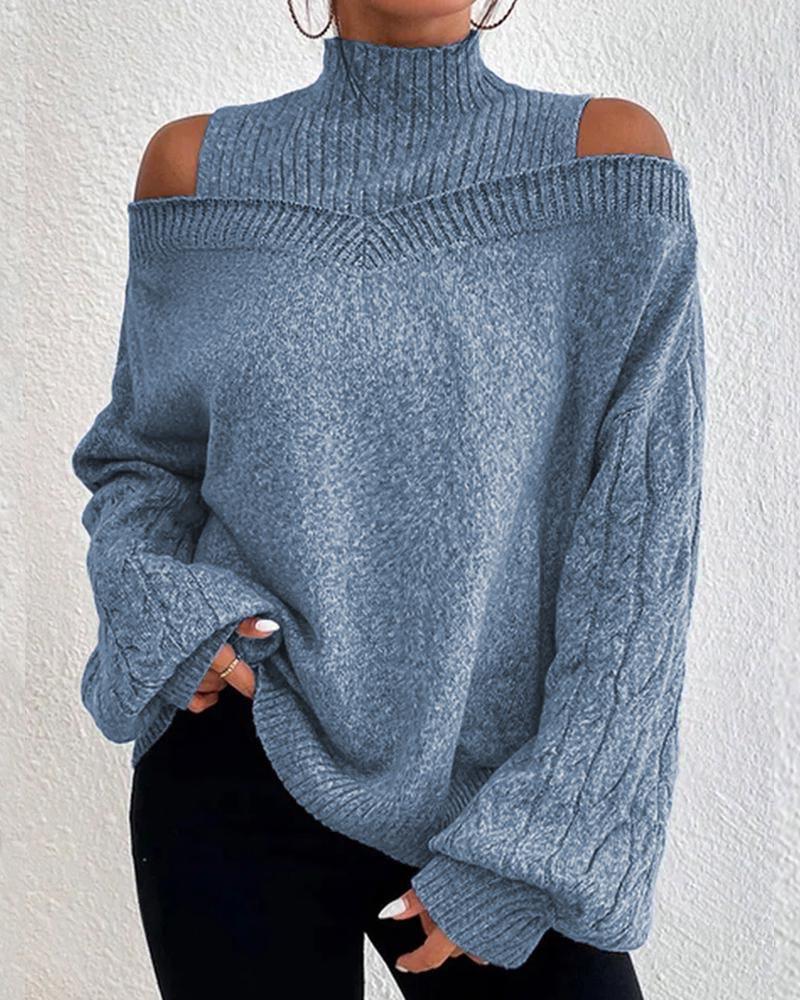 

Cable Knit Lantern Sleeve Cold Shoulder Sweater, Blue