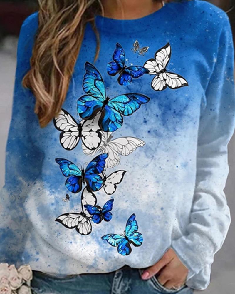 

Butterfly Print Ombre Long Sleeve Sweatshirt, Blue