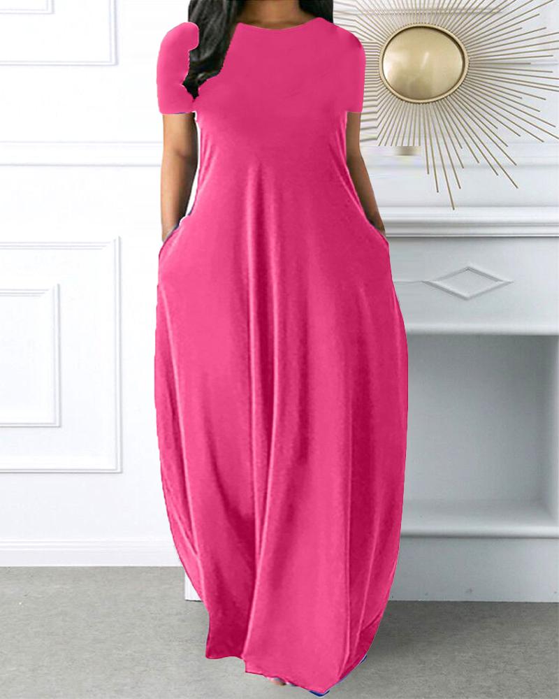 

Plus Size Short Sleeve Pocket Detail Casual Dress, Hot pink