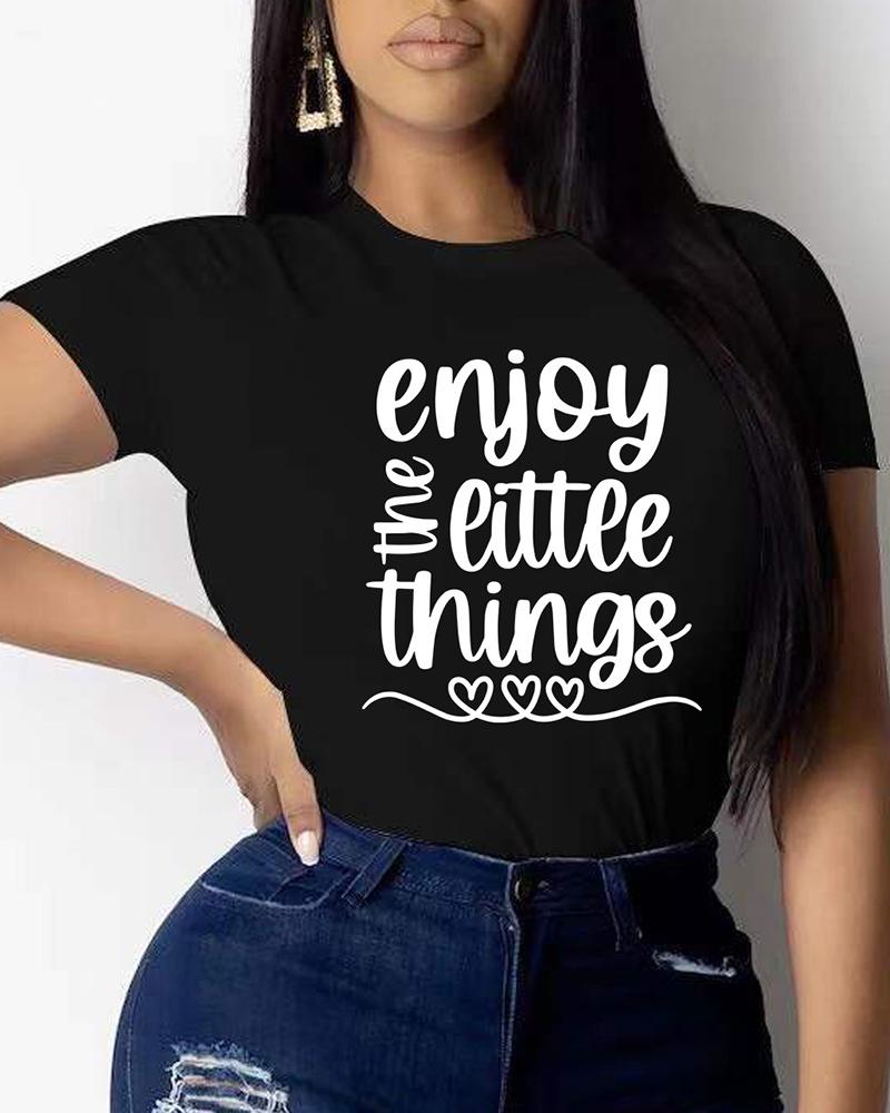 

Letter Heart Print O Neck Casual Top, Black