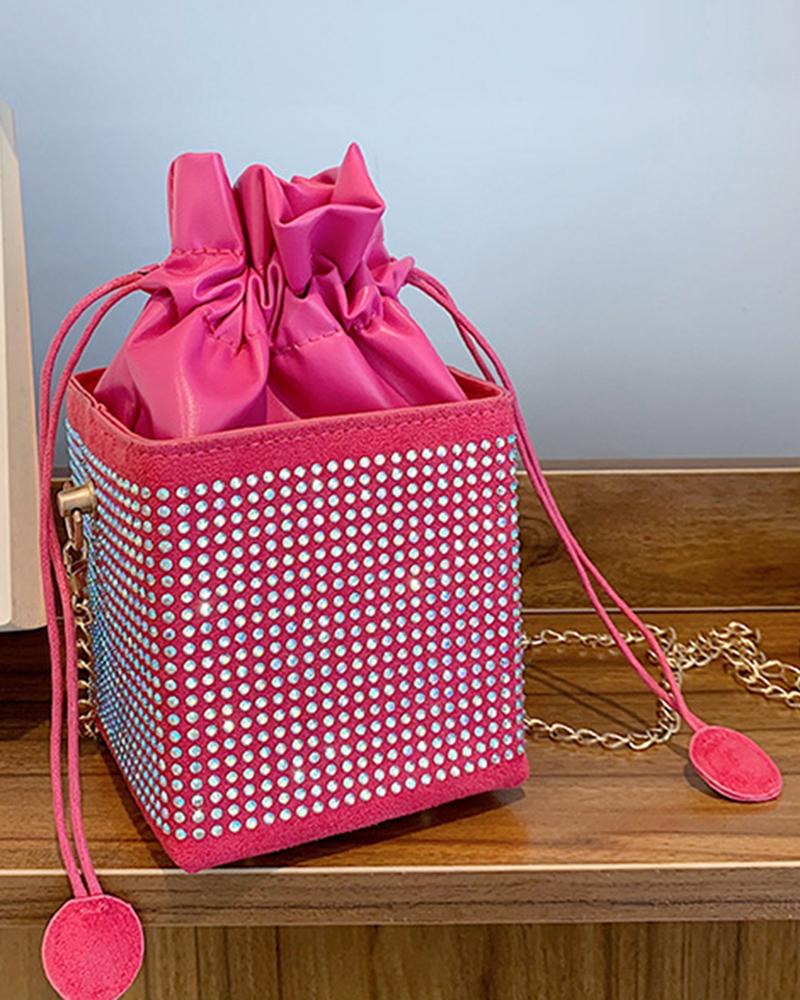 

Allover Rhinestone Drawstring Bucket Bag, Hot pink