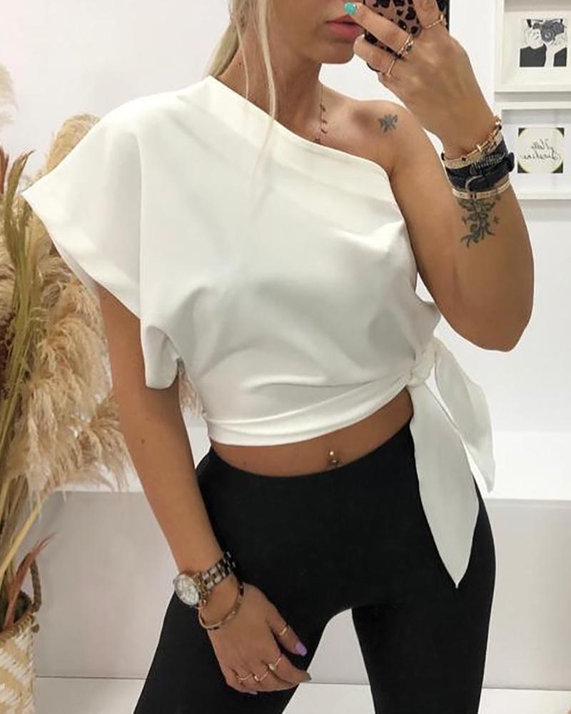 

One Shoulder Tie Design Crop Women Top, White