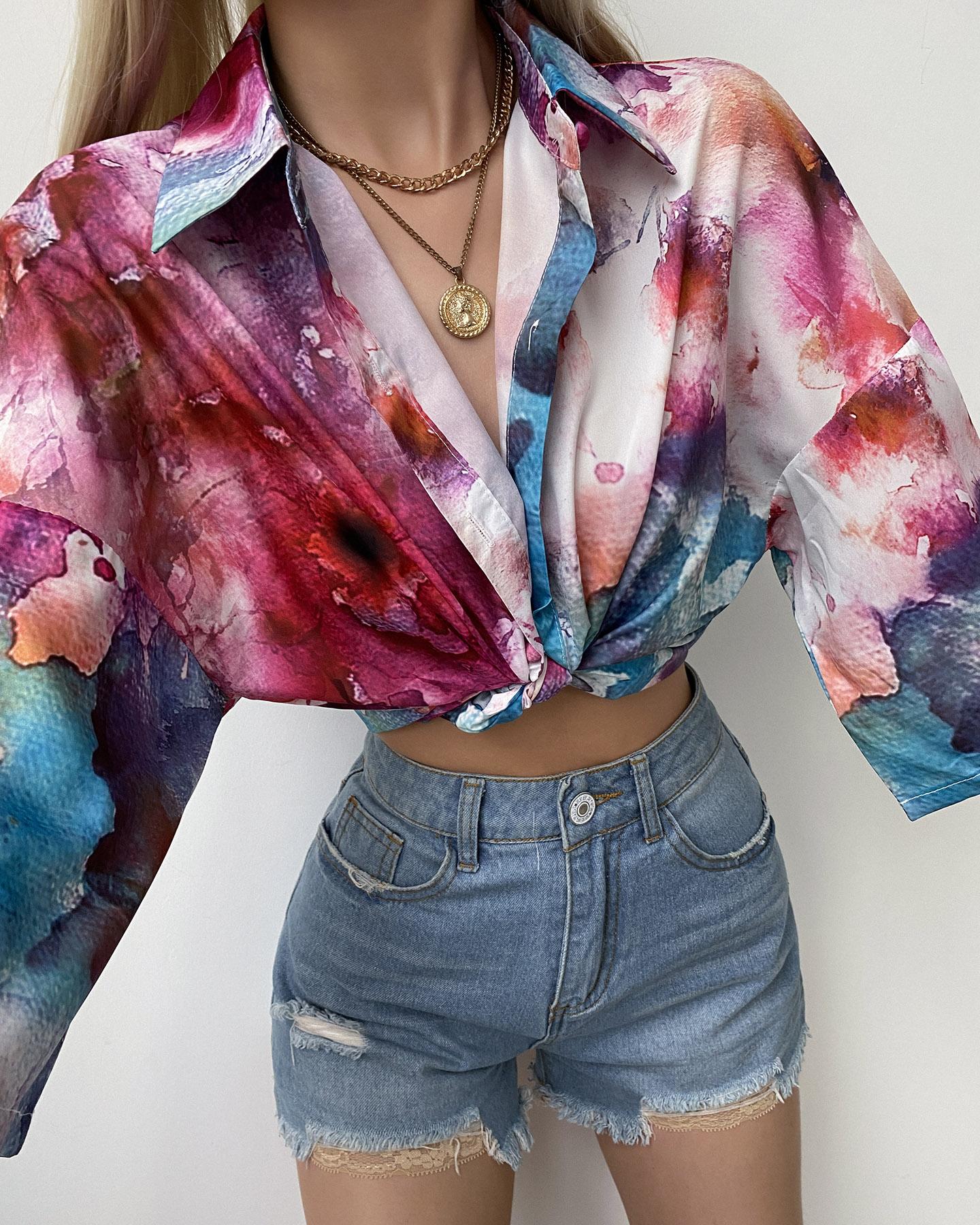 

Floral Print Colorblock Tied Front Crop Blouse, Purple