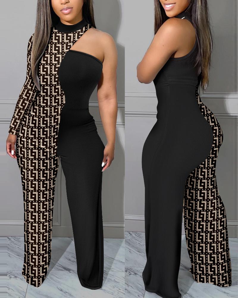 

Geometric Print One Shoulder Long Sleeve Jumpsuit, Black