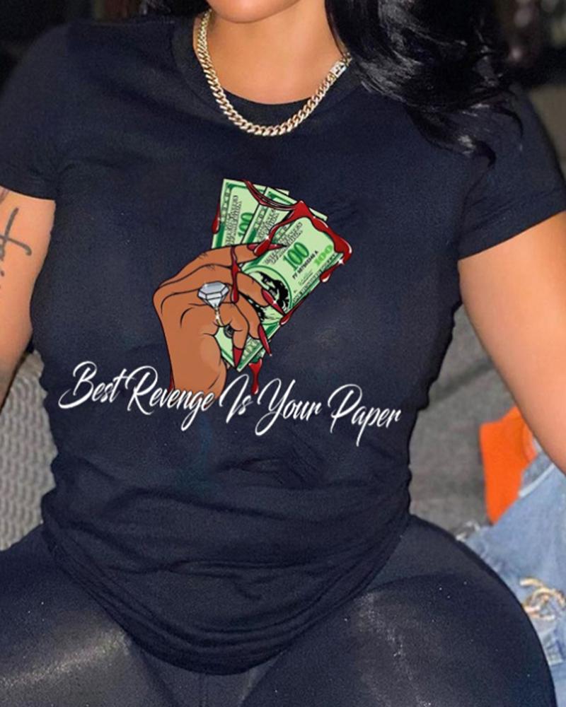 

Cartoon Dollar Print Short Sleeve T-shirt, Black
