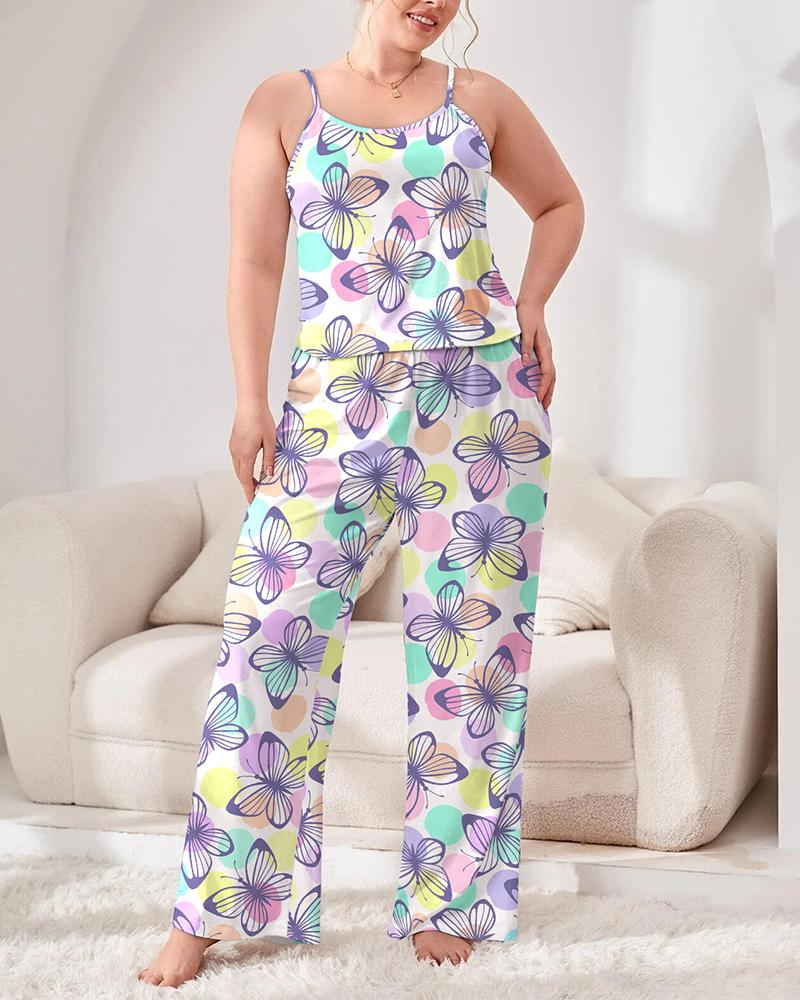 

Plus Size Butterfly Print Spaghetti Strap Pajamas Set, Multicolor