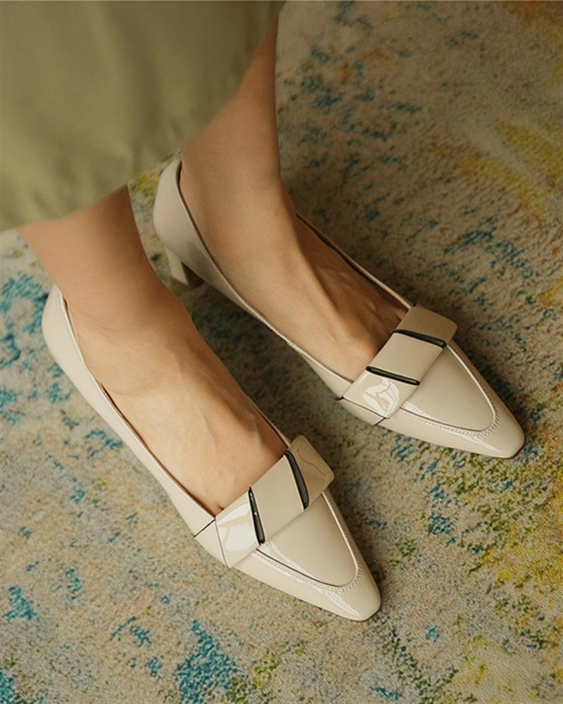

Pointed Toe Striped Chunky Heels, Beige