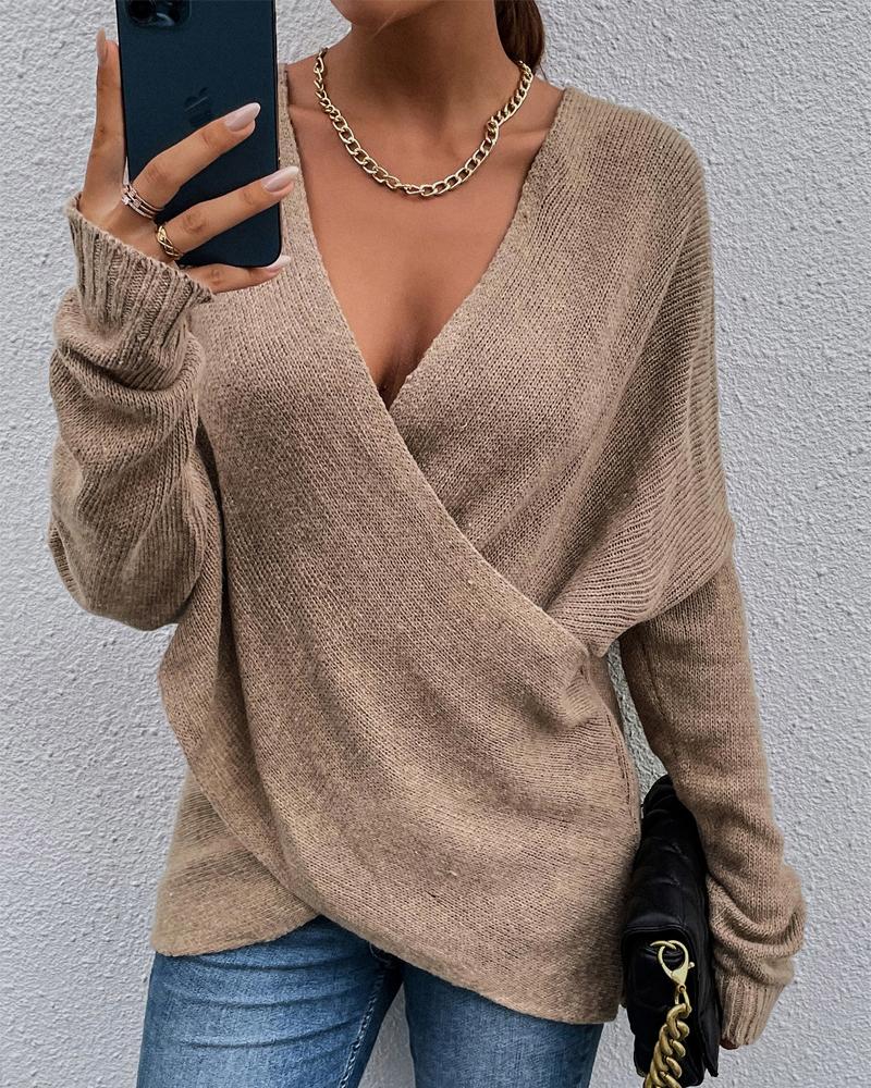 

Wrap Front Long Sleeve V-Neck Knit Sweater, Khaki