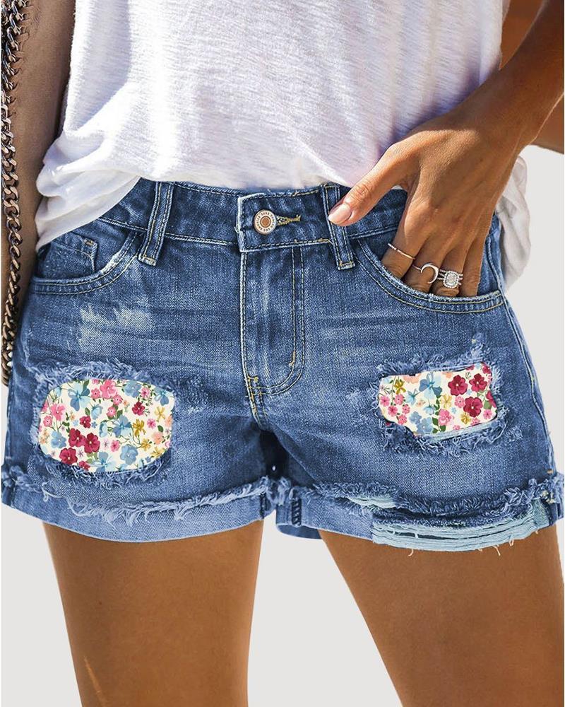 

Floral Print Patchwork Ripped Raw Hem Denim Shorts, Blue