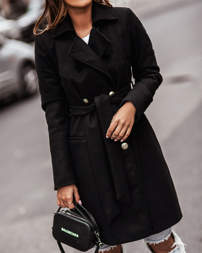 

Long Sleeve Double Breasted Belted Pea Coat, Black