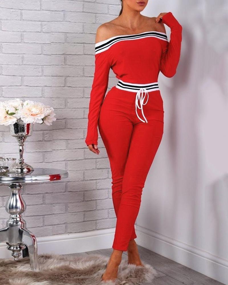

Off Shoulder Contrast Binding Casual Jumpsuit, Red