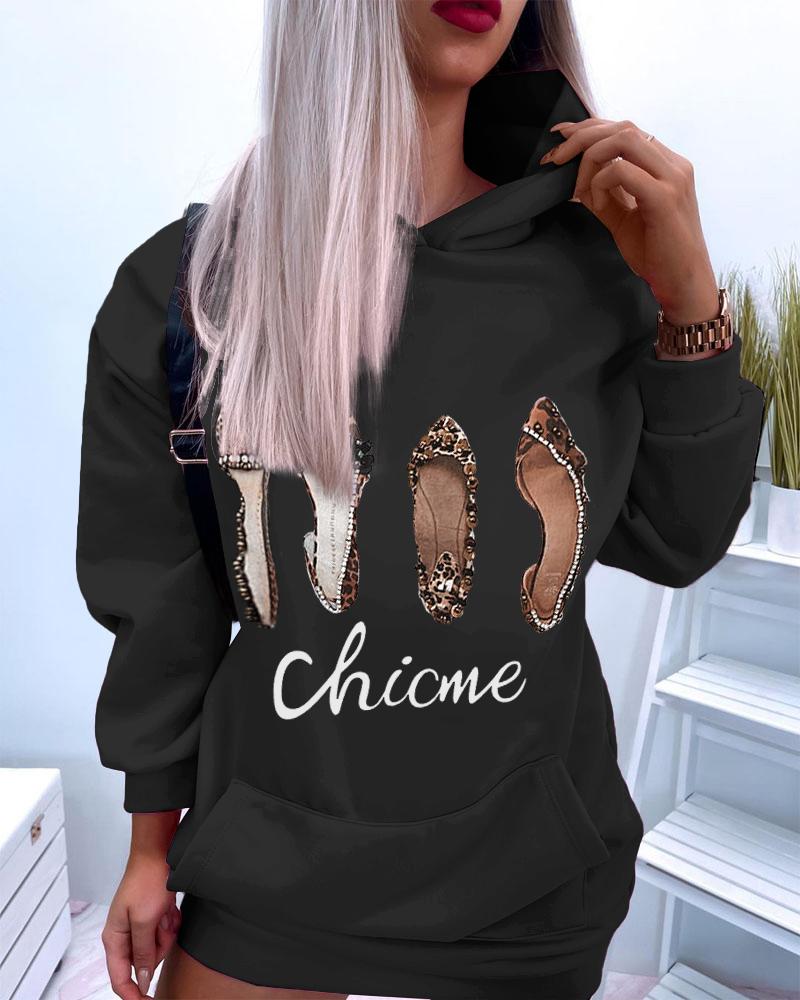 

ChicMe Letter Shoes Print Hooded Sweatshirt Dress, Black