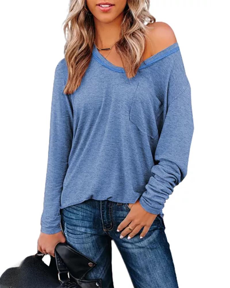 

V-Neck Pocket Design Long Sleeve Top, Blue