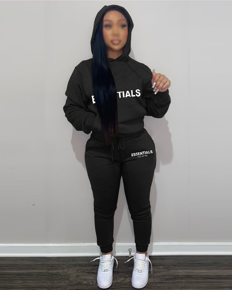 

Letter Print Long Sleeve Hoodie & Pants Set, Black