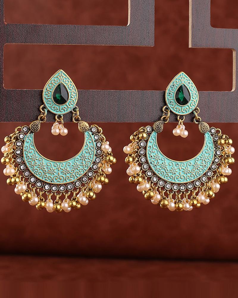 

1Pair Hollow Out Moon Beaded Tassel Geometric Hoop Earrings, Green