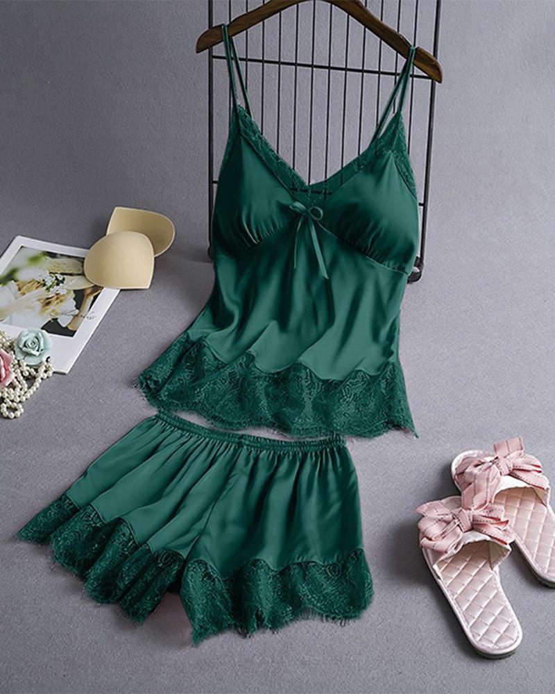 

Satin Contrast Lace Cami Top & Shorts PJ Set, Green