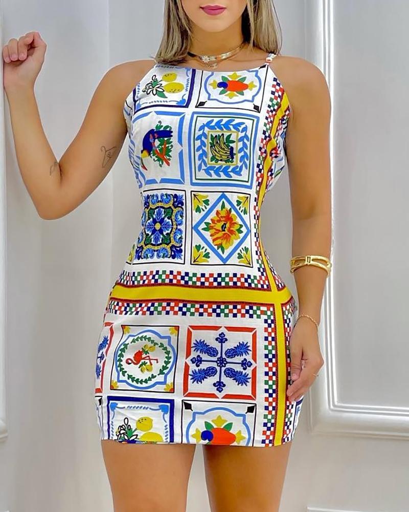 

Allover Print Sleeveless Bodycon Dress, White