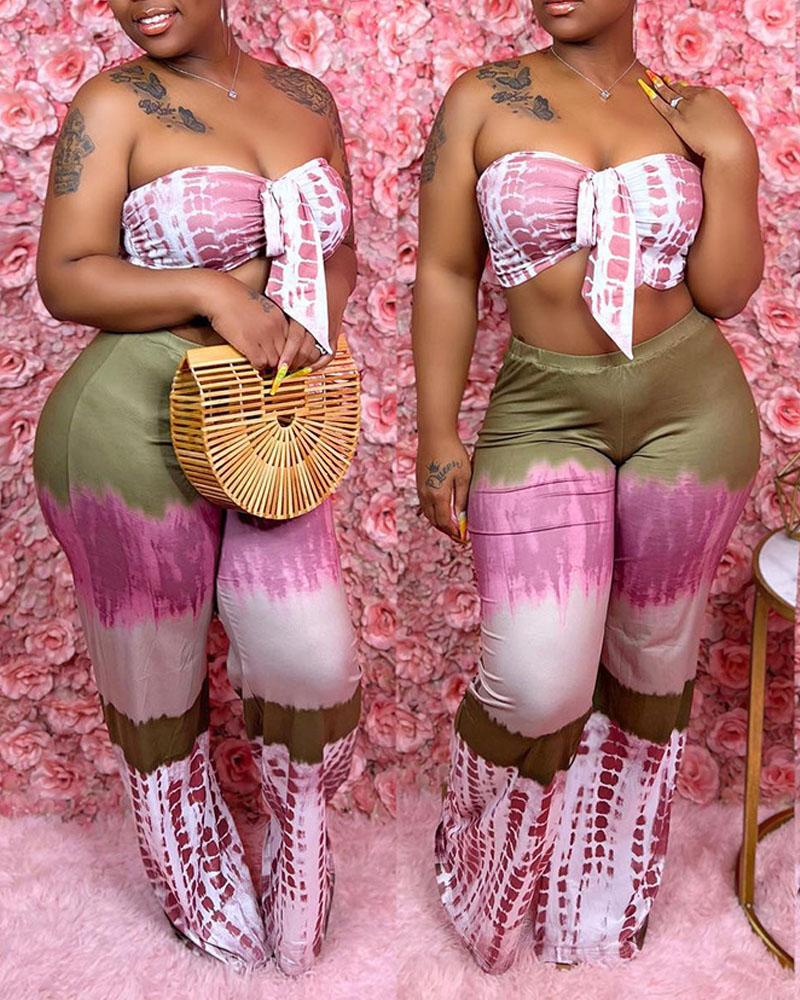 

Plus Size Tie Dye Print Crop Tube Top & Pants Set, Pink