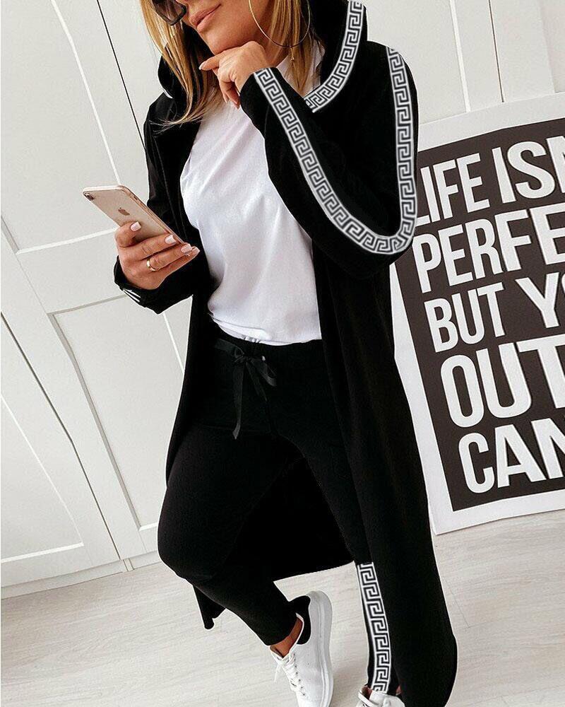 

Geo Trim Longline Hooded Coat & Drawstring Pants Set, Black