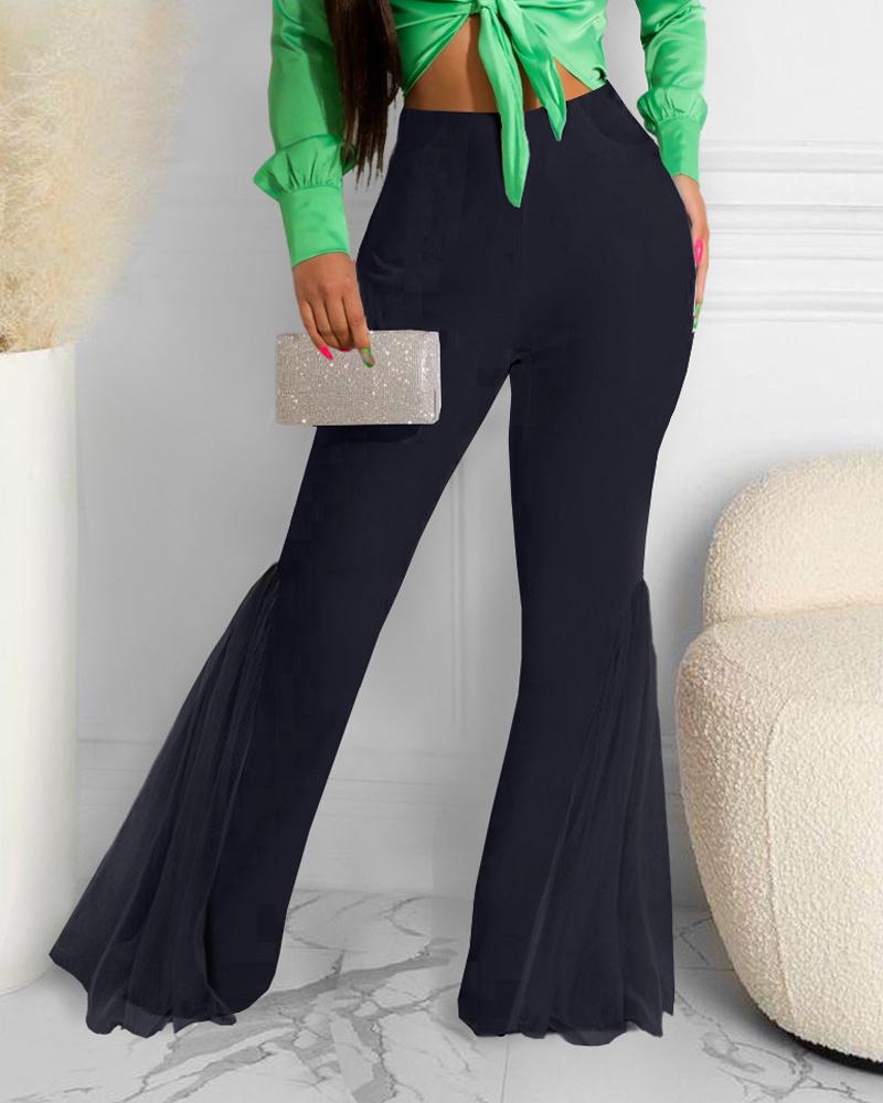 

Contrast Mesh Flared Leg High Waist Pants, Black