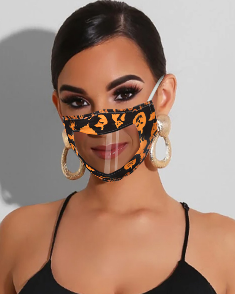 

Halloween Pumpkin Skull Print Visible Face Mask, Style5