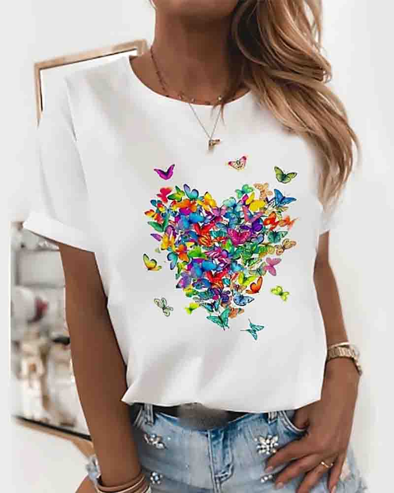 

Round Neck Tops Heart Butterfly Print Cotton Basic T-shirt, Style1