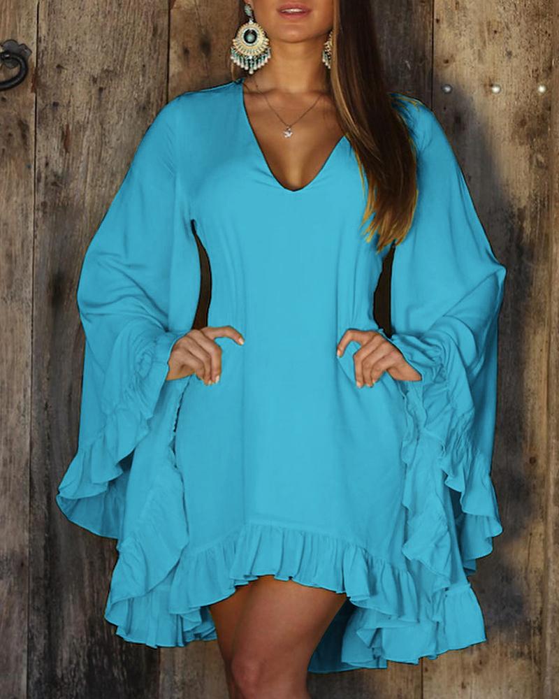

Ruffle Hem Bell Sleeve Casual Dress, Lighted blue
